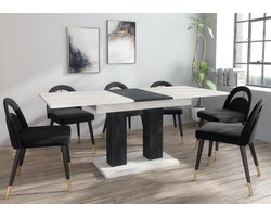Uitschuifbare Moderne Eettafel Wit Marmer & Zwart Betonlook 140-180cm