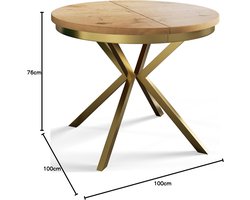Uitschuifbare Ronde Eettafel 100-180 cm x 76 cm – Lichtbruine Houtlook & Gouden Metalen Poten – Moderne Luxe Eetkamertafel – 4-8 Personen – Ruimtebesparend – Laura