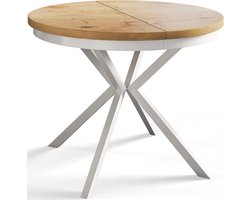 Uitschuifbare Ronde Eettafel 90-170 cm x 76 cm – Walnootlook Tafelblad & Witte Metalen Poten – Scandinavisch Design – 4-6 Personen – Krasbestendig & Compact – Laura