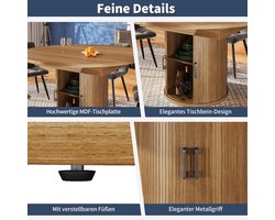 Uitschuifbare Ronde Eettafel met Opbergkast 118/158x118x76,7 cm – Moderne Houten Keukentafel met Cilindrische Poten, Extra Opbergruimte en Uittrekbaar Tafelblad voor 4–6 Personen, Kleur Walnoot – Novihome