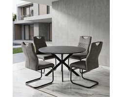 Uitschuifbare Ronde Eettafel Set 120-160 cm met 4 Stoelen – Moderne Ovale Eettafel MDF Steenlook – Donkergrijs Industrieel Design – 4 tot 6 Personen – Ganeey