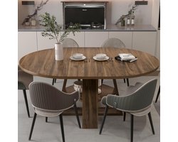 Uitschuifbare Ronde Eettafel Walnoot 110–150 cm met Kruisvoet en Opbergplank – Ruimtebesparende 4-8 Persoons Eettafel voor Keuken, Eetkamer en Woonkamer 110x110x75 cm