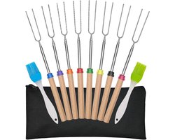 Uitschuifbare Roosterspiesen Roestvrij Staal met Houten Handvat voor Kampvuur en BBQ - Set van 8