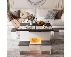 Uitschuifbare Salontafel met Opbergruimte en 4 Krukjes - Verstelbaar & LED