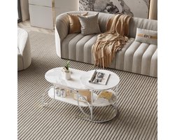 Uitschuifbare Salontafel Rond Ovaal Wit met Opbergruimte Marmerlook