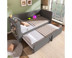 Uitschuifbare Slaapbank / 1-Persoons naar 2-Persoons Bed – Luxe Gestoffeerd Logeerbed 90/180 x 200 cm met USB & Type-C Oplaadpunten, Armleuning met Bekerhouder & Opbergvakken – Linnen – Donkergrijs