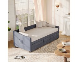 Uitschuifbare Slaapbank 90x200cm – Grijze Fluwelen Bedbank Uitklapbaar tot 180x200cm, Comfortabele Logeerbed met Hydraulisch Mechanisme