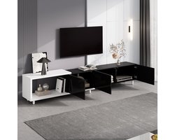 Uitschuifbare tv meubel - lage kast - met 3 hoogglansdeuren - metalen poten - stille scharnieren - modern design - zwart