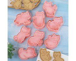 Uitsteekvormen en Stempels - Poesjes - Set van 8 - 8 Uitsteekvormen + 8 Stempels - Koekjes Vormen - Cookie Cutter - Cookie Mould - Kinderen - Bakken - Cadeau - Katten - Poes - Poezen - Kattenkoekjes - Poezenkoekjes