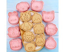 Uitsteekvormpjes - Koekjesuitstekers Dieren – 8-delige Set Koekjesvormpjes met Embosser – Uitsteekvormen - Schaap, Beer, Varken, Tijger, Hond, Kip, Konijn & Poes – Plastic – Met Doosje – Kinderkoekjes