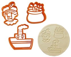 Uitsteekvormpjes Sinterklaas – Koekjes Uitstekers – Uitsteekvormen met stempel – Cookie Cutters - Piet, zak van Sinterklaas en stoomboot set