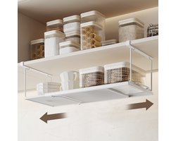 Uittrekbaar en Ophangbaar Metalen Opbergrek - Verstelbare Lengte 38 cm tot 70 cm - Perfect voor Keuken, Kledingkast, Badkamer en Schoenenkast-wit