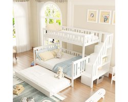 Uittrekbaar Kinderbed 90 x 200/140 x 200 cm - Stapelbed voor 2 Kinderen - Wit met Opbergruimte