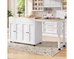 Uittrekbare Bar-/Eettafel – Uitschuiftafel – Keukentafel – Statafel – Werktafel – Met 6 Opbergruimtes – Verstelbaar Tafelblad 118-180 cm – Houtlook Wit