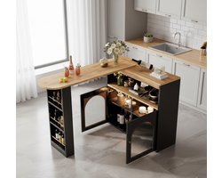 Uittrekbare Bartafel met Opbergruimte en LED-verlichting – 138-193 cm Instelbare Eettafel, Bistro- & Statafel voor Woonkamer en Eetkamer – Modern Rechthoekig Design – Zwart – NoviHome