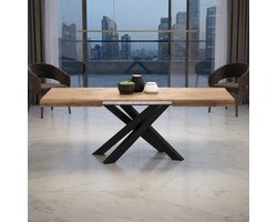 Uittrekbare Eettafel Industrieel Emma – 140/180/220 x 90 cm – Rustiek Eiken – Zwarte Kruispoot – Design Eettafel voor 6 tot 10 Personen – novihomestore