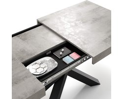 Uittrekbare Eettafel Industrieel – HomeByNicole Emma Deluxe 160-240 x 90 cm – Grijs Beton met Zwarte Gekruiste Poten – Moderne Eettafel voor 6 tot 10 Personen – Made in Italy – Design Uittafel met Opbergruimte