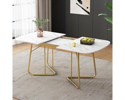 Uittrekbare Eettafel - Keukentafel Ovaal - Gezellig Eten - Marmerlook & Goud - 140-180 cm - Wit
