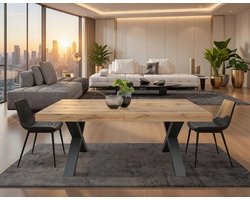 Uittrekbare Eettafel Marco – Rustieke Eiken met Zwarte X-Poten – 180x90x76 cm – Tafel voor Woonkamer of Keuken – Casa Serena – Casa Dorada