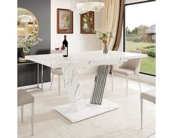 Uittrekbare Eettafel Marmerlook - 120-160x80x76 cm - MDF En Metaal - Modern Design - Keuken En Woonkamer