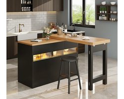 Uittrekbare LED Bartafel met Opbergruimte – 360° Draaibaar, In Hoogte Verstelbaar 120-180 cm – Multifunctionele Moderne Keukeneiland- en Eettafel voor Woonkamer, Eetkamer en Thuiskantoor Depauwwonen