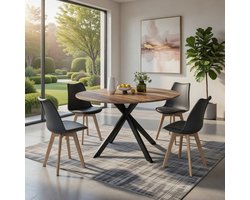 Uittrekbare Ronde Eettafel “Serena Elegance” 110-150 cm | 4-8 personen | Zwart Metalen Spinpoot + Donker Houten Tafelblad Casa Serena