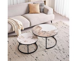 Uittrekbare Salontafels - Set bijzettafels - Woonkamer Decoratie - Keramisch Steen Blad - 80x45cm + 60x35cm - Zwart