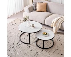Uittrekbare set van 2 salontafels met keramisch tafelblad - Industrieel design voor woonkamer, slaapkamer, en kantoor (wit/zwart, 70 cm)