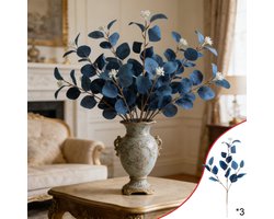 Ulisem - Blauwe Kunstmatige Eucalyptus Stelen Zijden Bladeren - Nep Eucalyptus Takken - Voor Bloemstukken - Boeketten - Woondecoratie - Realistische Zijden Bladeren Met Witte Bloemtop - 3 Stuks 51,5 Cm - Voor Vaas Tafelstuk Bruiloft Muurdisplay