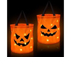 Ulisem - Halloween goodiebag - 2 stuks lichtgevende pompoen trick or treat tassen - 30x25 cm groot opvouwbaar - Met schakelaar voor knipperend licht - Gemaakt van polyester - Geschikt voor snoep, feest en cosplay - Herbruikbaar - Oranje