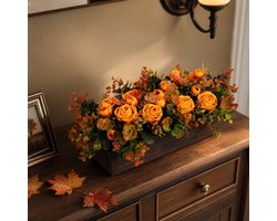 Ulisem - Houten Vensterbank Kunstbloem Rozen Oranje - Herfst Bloemstuk - Tafel Decoratie - Distressed Houten Planter - Onderhoudsvrij - Thanksgiving Herfststuk - Kant En Klaar - Woonkamer Accessoire - Cadeau Idee