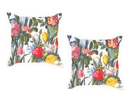 Ulticool - Buitenkussen Hoes - Klassiek Boeket Bloemen Beige Wit - Sierkussens Buiten Waterbestendig - Set van 2 Kussens 45 x 45 cm Vierkant