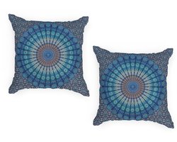 Ulticool - Buitenkussen Hoes - Mandala Blauw en Olifant Bohemian Hippie Ibiza Style - Sierkussens Buiten Waterbestendig - Set van 2 Kussens 45 x 45 cm Vierkant