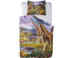 Ulticool Dekbedovertrek Safari Dieren Natuur 140x200 cm - Kussensloop 60x70 cm - voor Dekbed 1 Persoons Kamer Beddengoed Decoratie Slaapkamer Accessoires Kinderkamer Babykamer Kinderen Meisjes Peuter Flamingo Jongen
