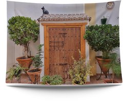 Ulticool - Deur Planten Kat - Wandkleed Poster - 200x150 cm - Groot wandtapijt - Tuinposter Tapestry - Schilderij Decoratie Tuin Versiering Accessoire voor zowel buiten als Muurdecoratie in woonkamer