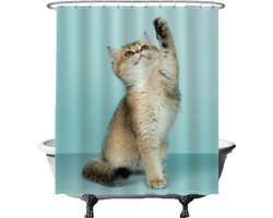 Ulticool Douchegordijn Anti Schimmel - Kat - 180 x 200 cm - met Ringen - Waterdicht & Wasbaar - Semi Transparant - Poezen Kitten Schattig Cute Decoratie Landelijk Lente voor Binnen - Blauw Beige