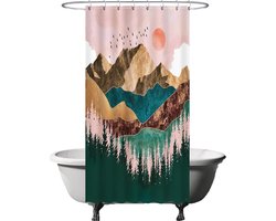 Ulticool Douchegordijn Anti Schimmel – Kunst Natuur Bos Bergen Bohemian - 120x200 cm – Inclusief Ringen – Waterdicht & Wasbaar - Semi Transparant - Aesthetic Hippie Boho Landelijk - Roze Blauw Groen