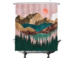 Ulticool Douchegordijn Anti Schimmel – Kunst Natuur Bos Bergen Bohemian - 180x180 cm – Inclusief Ringen – Waterdicht & Wasbaar - Semi Transparant - Aesthetic Hippie Boho Decoratie Landelijk - Roze Blauw Groen