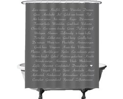 Ulticool Douchegordijn Anti Schimmel - Positieve Gedachten Manifesteren - 180 x 200 cm - Inclusief Ringen - Semi Transparant - Affirmatiekaarten Inspiratiekaarten Tekst Zen Geluk - Wit Grijs