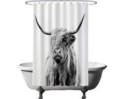 Ulticool Douchegordijn Anti Schimmel - Schotse Hooglander Koe Zwart Wit - 120x180 cm - Inclusief Ringen – Waterdicht & Wasbaar - Semi Transparant - Boho Bohemian Canvas Koeien Dieren Natuur Schilderij Accessoires Landelijk Decoratie