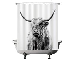 Ulticool Douchegordijn Anti Schimmel - Schotse Hooglander Koe Zwart Wit - 180x180 cm - Inclusief Ringen – Waterdicht & Wasbaar - Semi Transparant - Boho Bohemian Canvas Koeien Dieren Natuur Schilderij Accessoires Landelijk Decoratie