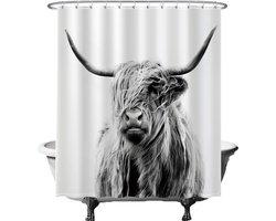 Ulticool Douchegordijn Anti Schimmel - Schotse Hooglander Koe Zwart Wit - 180x200 cm - Inclusief Ringen – Waterdicht & Wasbaar - Semi Transparant - Boho Bohemian Canvas Koeien Dieren Natuur Schilderij Accessoires