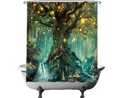 Ulticool Douchegordijn Anti Schimmel - Sprookje Elf Boom Magisch Bos Natuur - 180 x 180 cm - met 12 ringen - Waterdicht & Wasbaar - Semi Transparant - Pasen Decoratie Paasdecoratie Lente voor Binnen - Groen