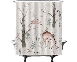 Ulticool Douchegordijn Anti Schimmel - Uil Vogel Hert Dieren Natuur Aquarel - 180 x 200 cm - semi Transparant - met 12 Ringen Wit - Pasen Decoratie Paasdecoratie Lente voor Binnen- Sepia Bruin Wit