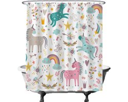 Ulticool Douchegordijn Anti Schimmel – Unicorn / Eenhoorn - 180x200 cm – Inclusief Ringen – Waterdicht & Wasbaar - Semi Transparant - wit roze blauw