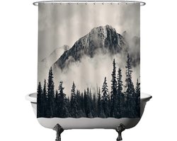 Ulticool Douchegordijn - Bergen Natuur Mistig Bos - 180 x 180 cm - met 12 ringen - Anti Schimmel - Waterdicht & Wasbaar - Semi Transparant - Zwart Wit