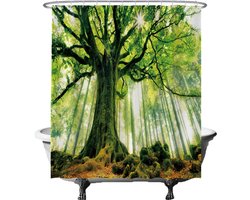 Ulticool Douchegordijn - Boom Kracht Natuur Licht Bos - 180 x 200 cm - semi Transparant - met 12 Ringen Wit - anti Schimmel - Decoratie Landelijk Lente voor Binnen - Groen