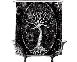 Ulticool Douchegordijn - Boom Tree of Life - 180 x 200 cm - semi Transparant - met 12 Ringen Wit - anti Schimmel - Zwart Wit