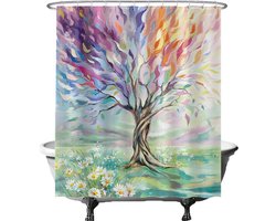 Ulticool Douchegordijn - Boom Tree of Life - 180x200 cm - semi Transparant - met 12 Ringen Wit - anti Schimmel - Paars Oranje Blauw Groen