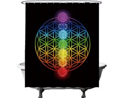Ulticool Douchegordijn - Chakra Healing Mandala Regenboog Chakra's - 180 x 200 cm - semi Transparant - met 12 Ringen Wit - anti Schimmel - Multi Color